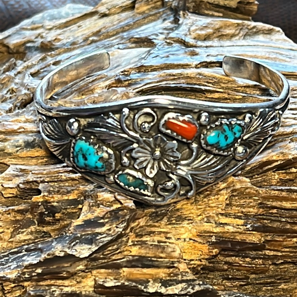 Sterling Silver, Turquoise and Coral Cuff Bracelet